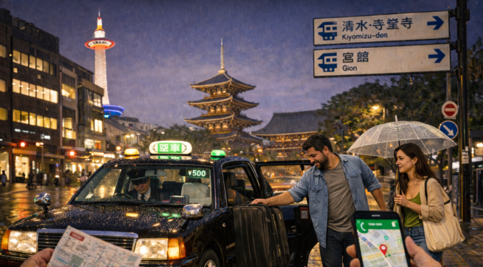 Para trajetos curtos, o táxi no Japão é muito útil — ideal com chuva ou bagagem